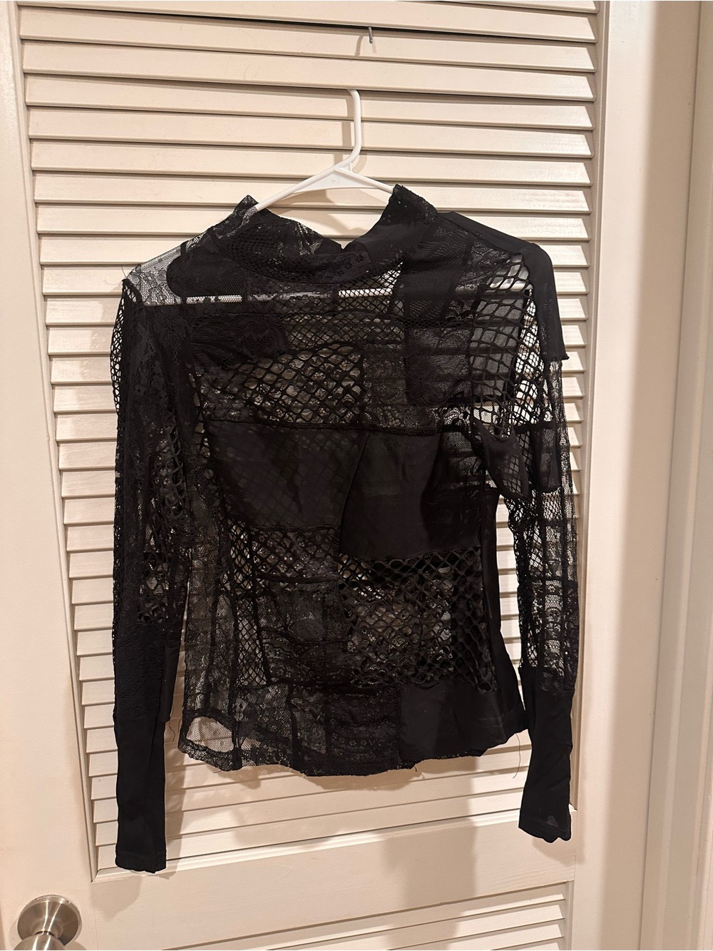 AKIRA Black Sheer Lace & Mesh Patchwork Long Sleeve Top